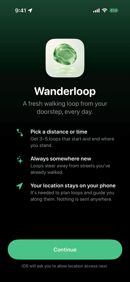 The Wanderloop welcome screen: “A fresh walking loop from your doorstep, every day.”