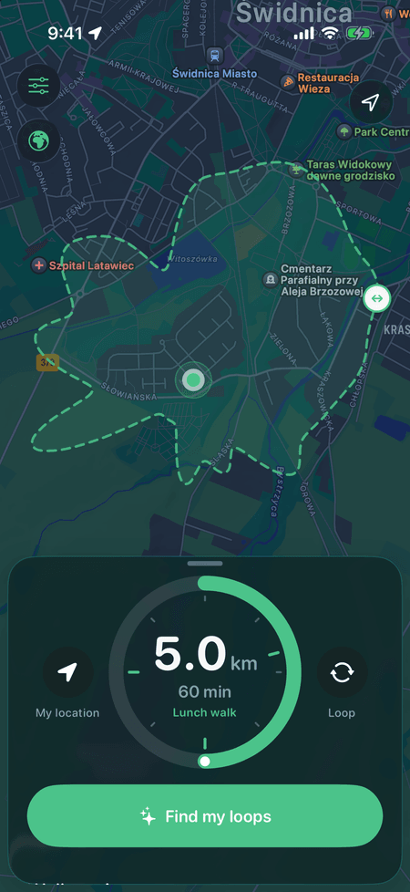 The time dial set to 60 minutes, 5.0 km, with the Lunch walk preset and a dashed outline of the reachable area on the map.