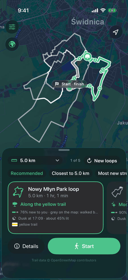 Wanderloop showing five loops around Świdnica. The selected one is green where the streets are new and grey where they were walked before. Its card reads “Along the yellow trail, 76% new to you”.