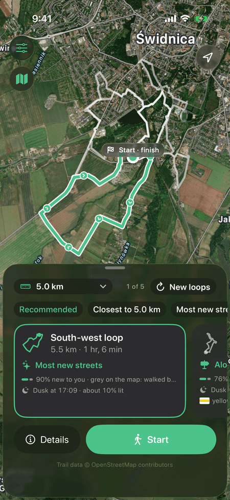 Several loops drawn over satellite imagery, with a loop card showing its distance, time and reason.