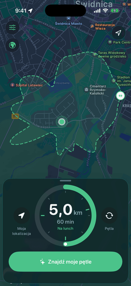 Pokrętło czasu ustawione na 60 minut i 5,0 km z ustawieniem Na lunch oraz przerywanym zasięgiem na mapie.