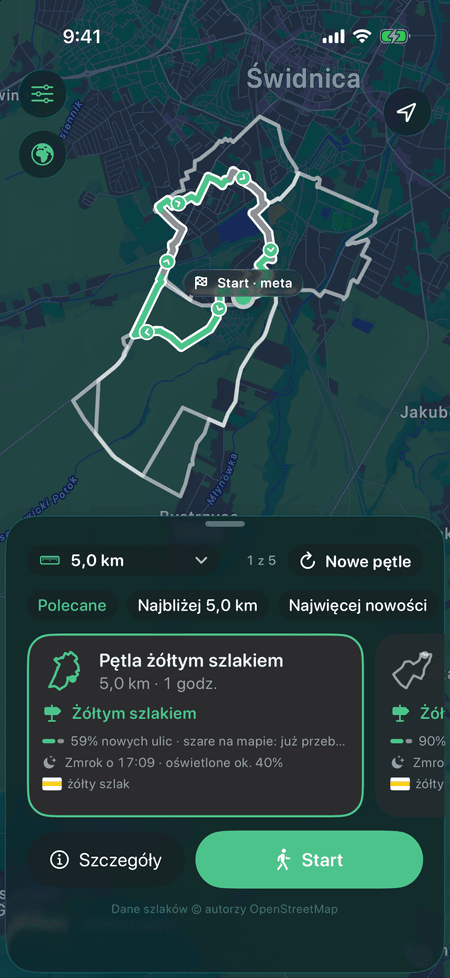Wanderloop z pięcioma pętlami wokół Świdnicy. Wybrana pętla jest zielona tam, gdzie ulice są nowe, i szara na ulicach, które już znasz. Na karcie: „Żółtym szlakiem” i „59% nowych ulic”.