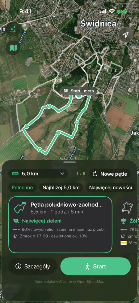 Kilka pętli na zdjęciu satelitarnym i karta pętli z dystansem, czasem i powodem.